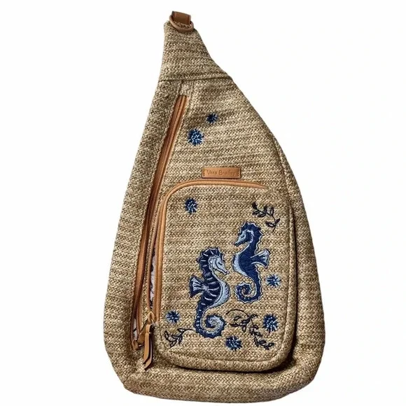 Vera Bradley Sea Horse sling backpack in brown Vera Bradley Sling Backpack Bag Straw Natural Sea Life Blue  main image 2